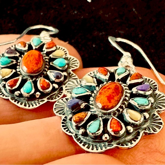 Genuine Multicolored Turquoise Gemstones Earrings in 925 Sterling Silver NWT - Picture 7 of 11